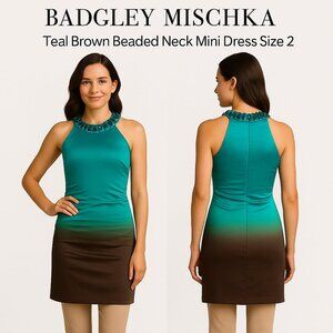 Badgley Mischka Teal Brown Beaded Neck Mini Dress Size 2
